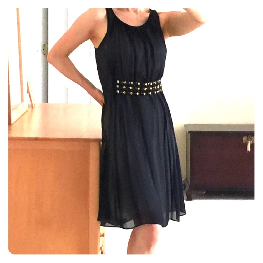 BR BLACK SILK DRESS WITH JEWELED RHINESTONE BELT